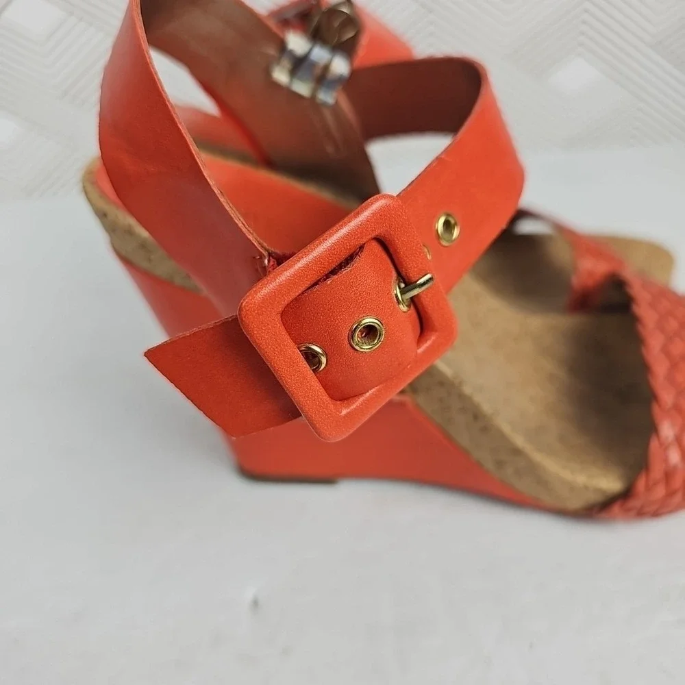 BCBGeneration Womens Orange Faux Leather Wedges US 8.5 Cork‎ Footbed PL-Bana